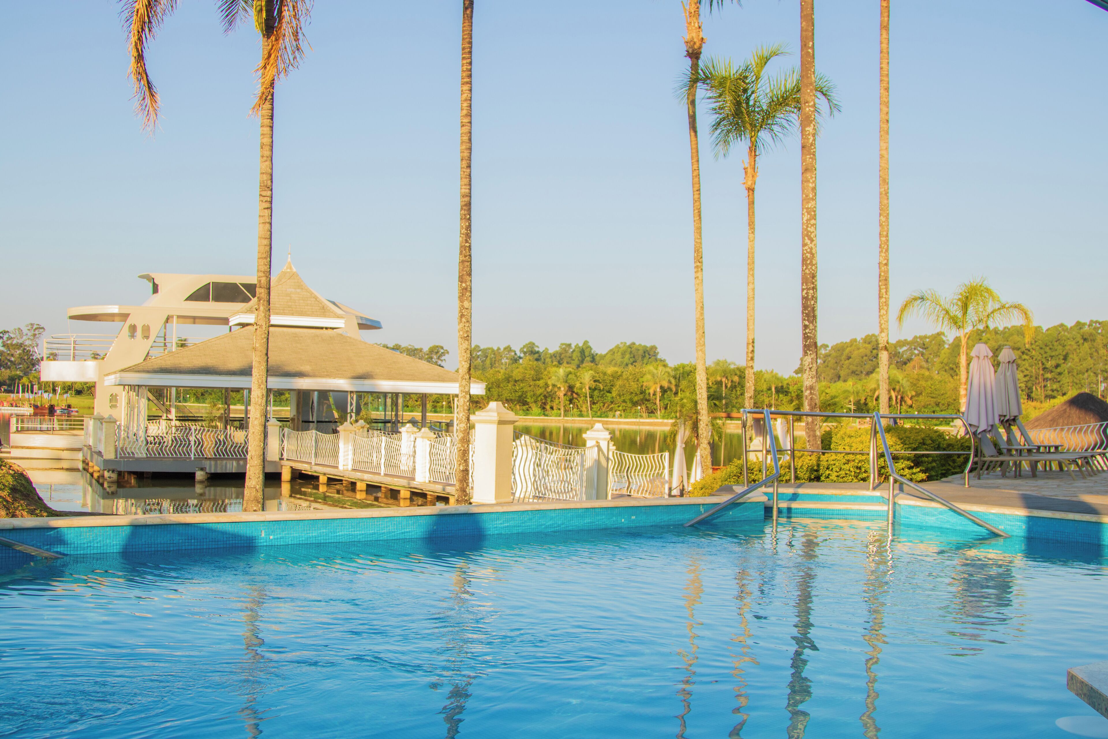 A swimming pool with a modern architectural structure in the background, surrounded by palm trees.