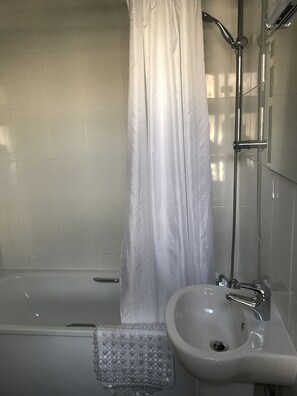 Combined shower/bathtub, free toiletries, hair dryer