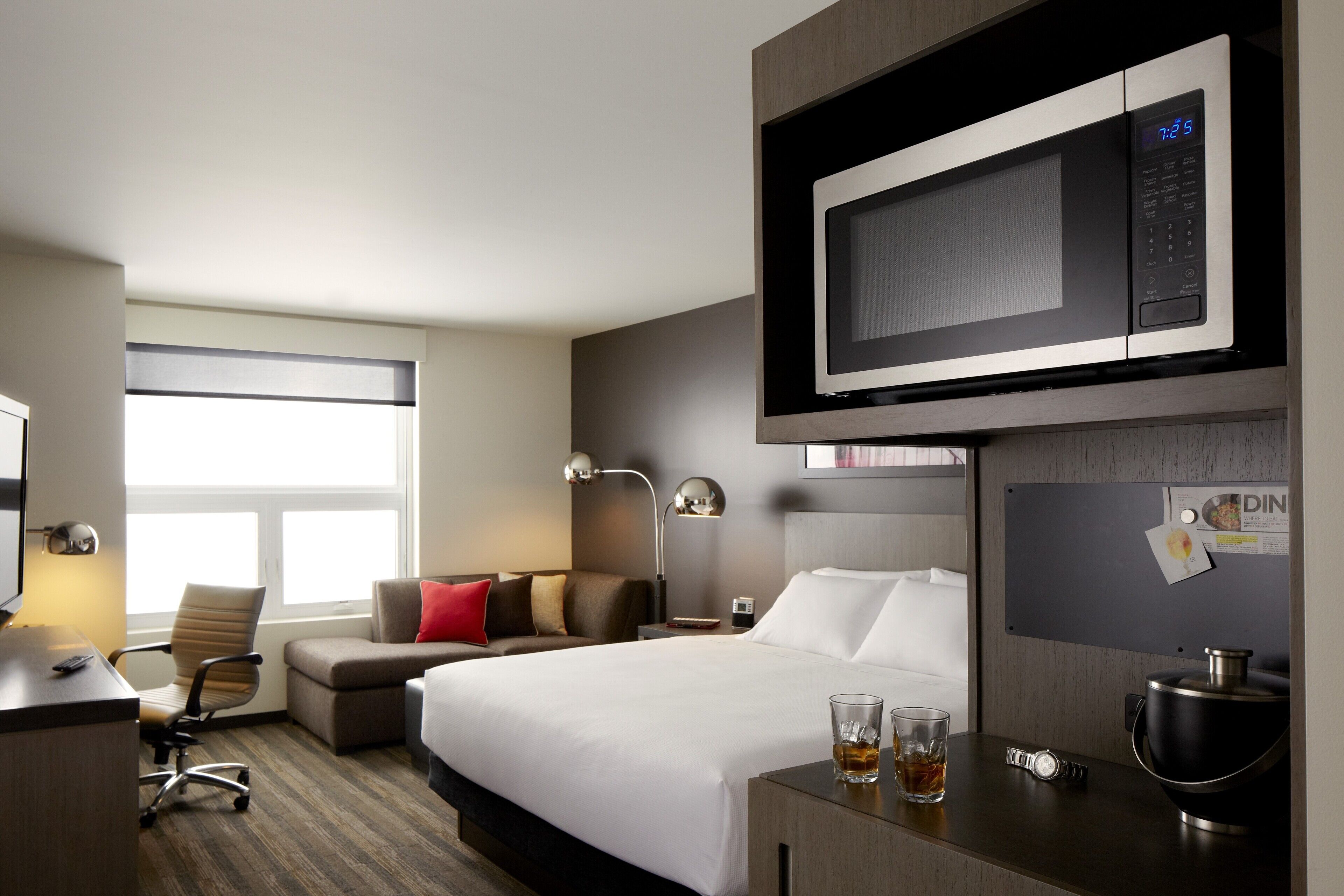 desk, laptop workspace, blackout curtains, iron/ironing board