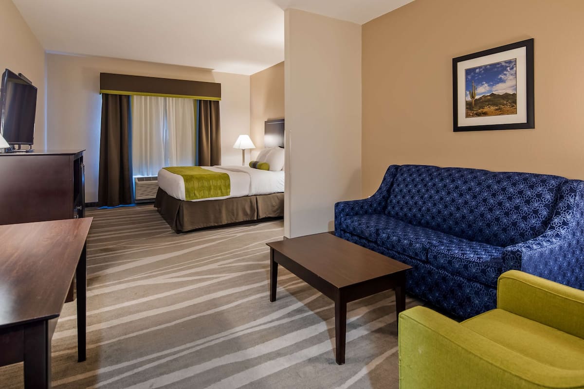 Habitación de hotel con cama, sofá, escritorio y una silla. Cuenta con ventana con cortinas, un cuadro en la pared y televisor sobre un mueble.