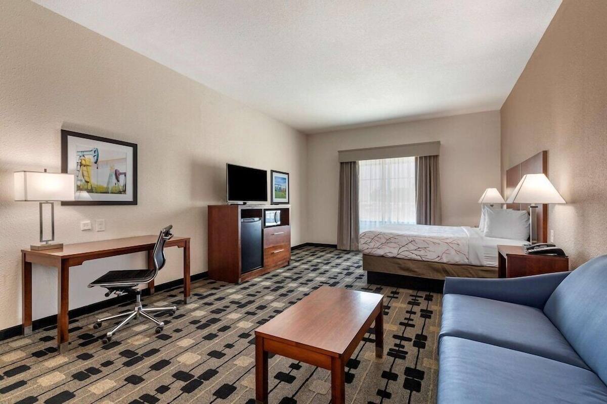 Une chambre d’hôtel équipée d’un lit, d’un bureau, d’une chaise, d’une télévision et d’un canapé.