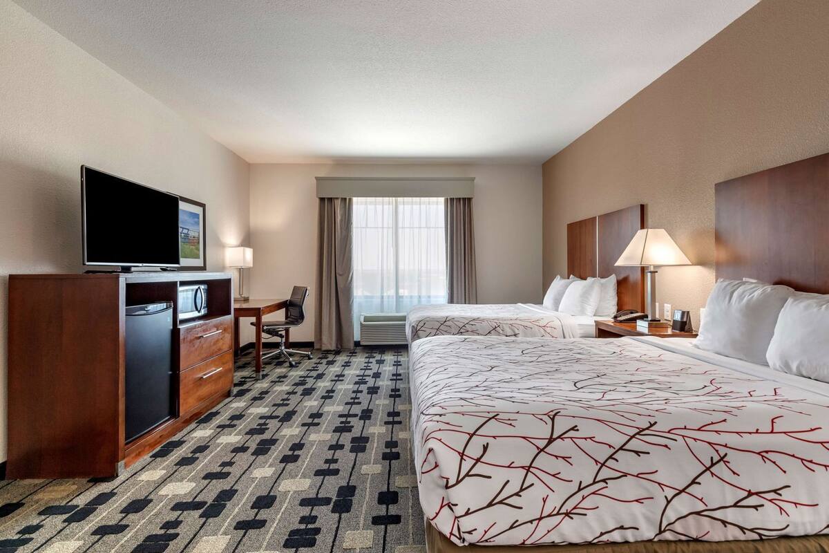 Une chambre d’hôtel avec deux lits, un bureau avec une chaise, une télévision et une fenêtre avec des rideaux.