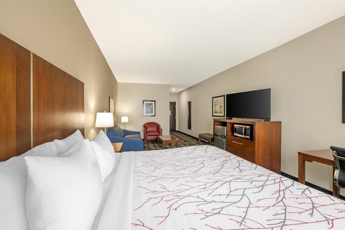 A hotel room with a large bed, a desk, a chair, a television, and a microwave.