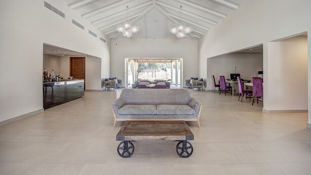 Un grand espace de vie comprenant un canapé, une table basse et un coin repas avec des chaises et une table.