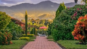 A garden pathway leading to a traditional building with a red umbrella, surrounded by lush greenery and mountains in the background. - Hotel Campestre Solar De La Luna (Armenia)