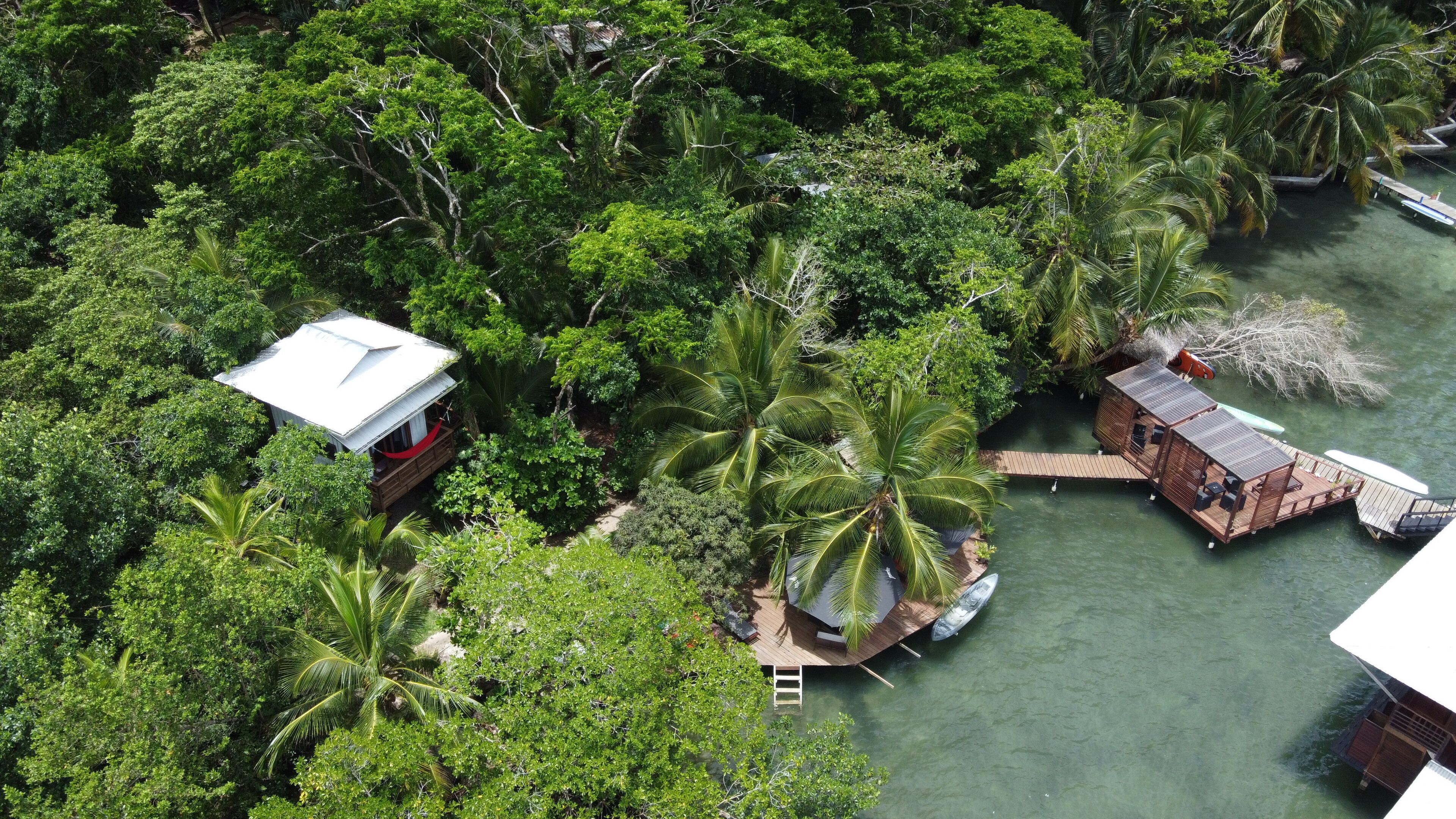 An aerial view of a tropical resort with multiple wooden structures, including a small house and a larger building with a thatched roof, surrounded by dense greenery and a calm water body.
