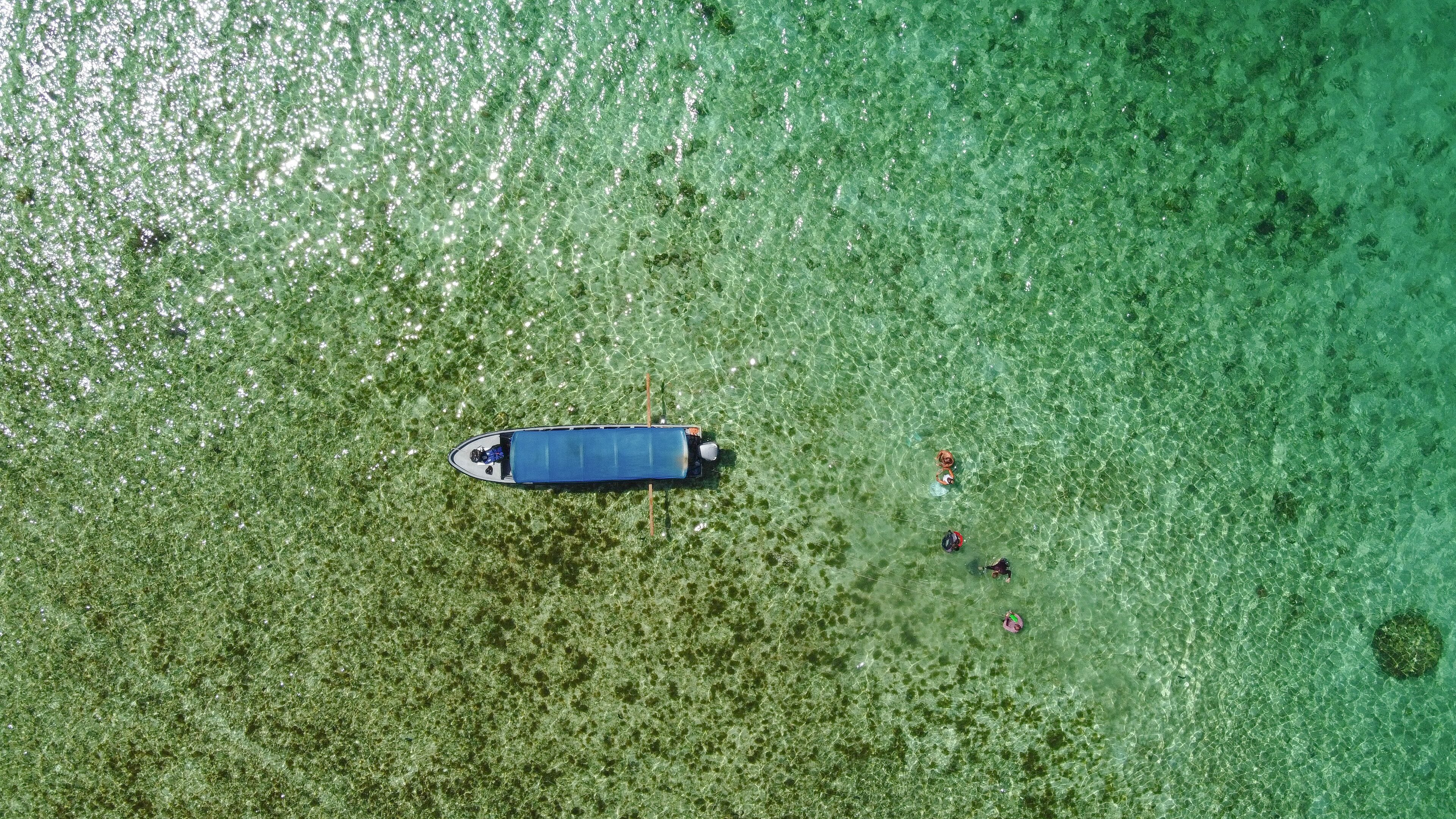 Vista aérea de un bote en aguas poco profundas y claras, con algunas personas cerca.