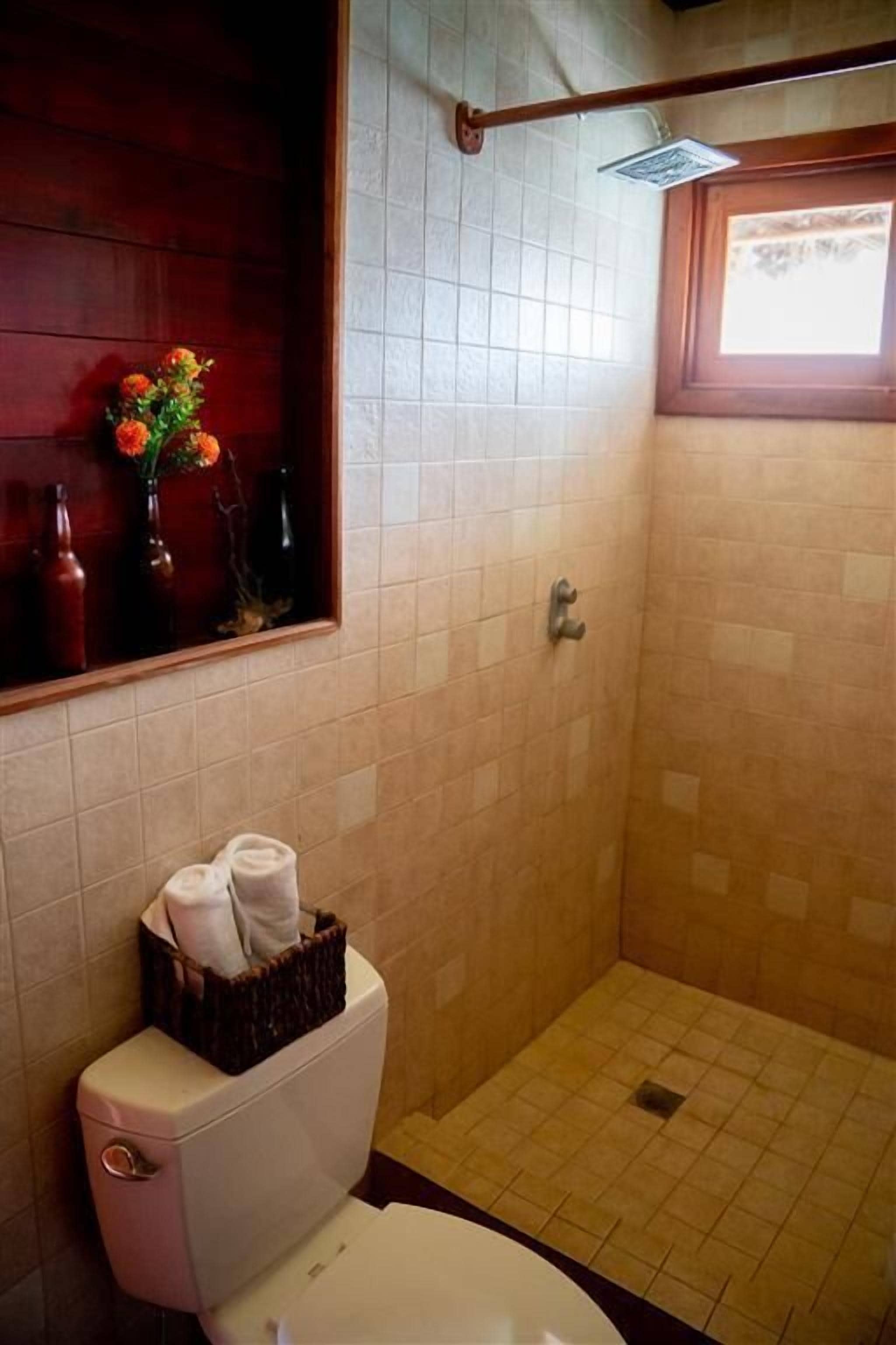 A bathroom with a toilet, a shower area, and a window.