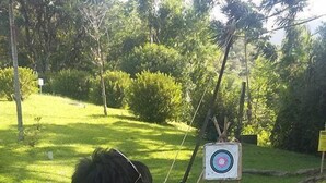A person aiming an arrow at a target in an outdoor setting.