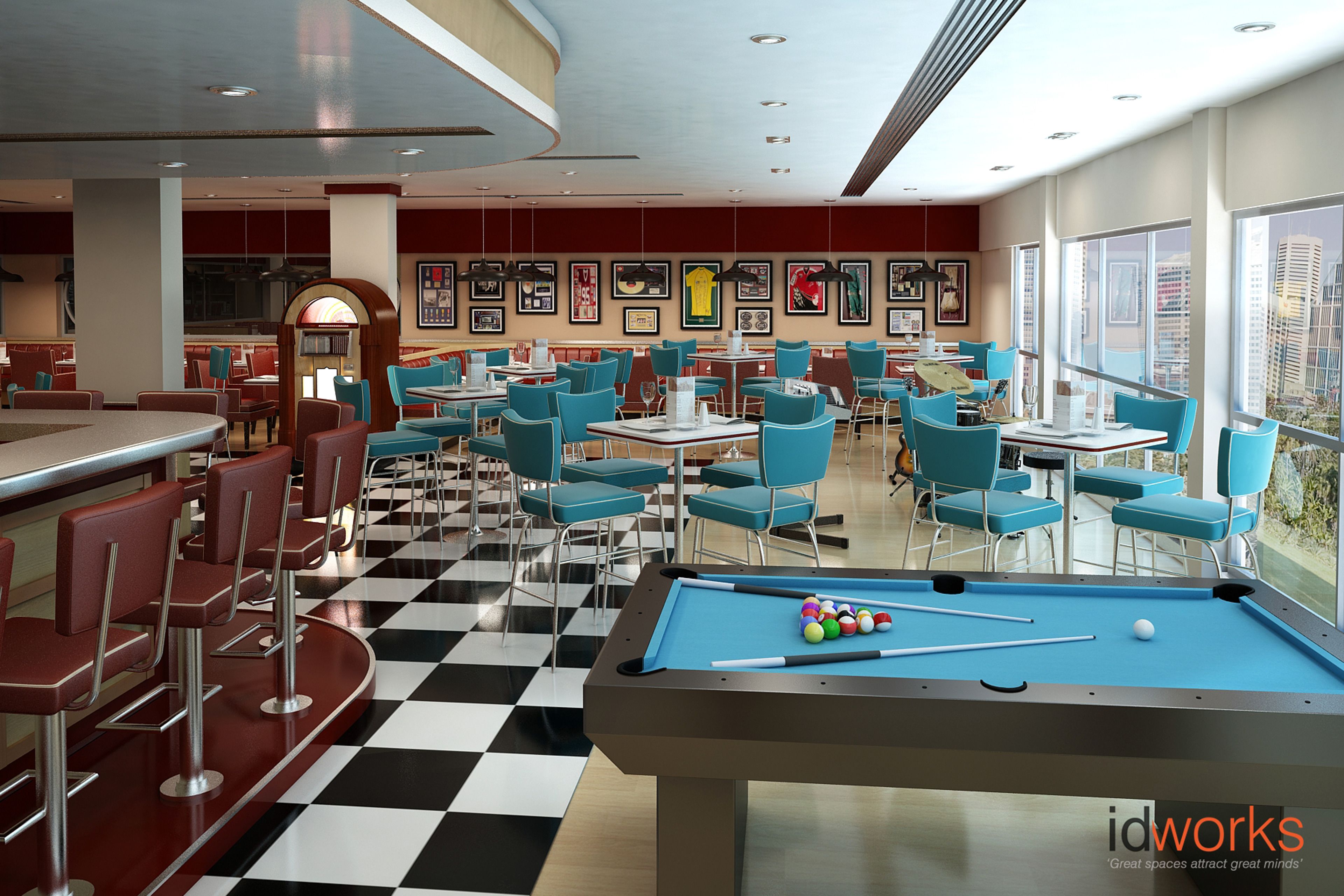 A pool table with billiard balls, bar seating, and dining tables with chairs in a modern indoor setting.