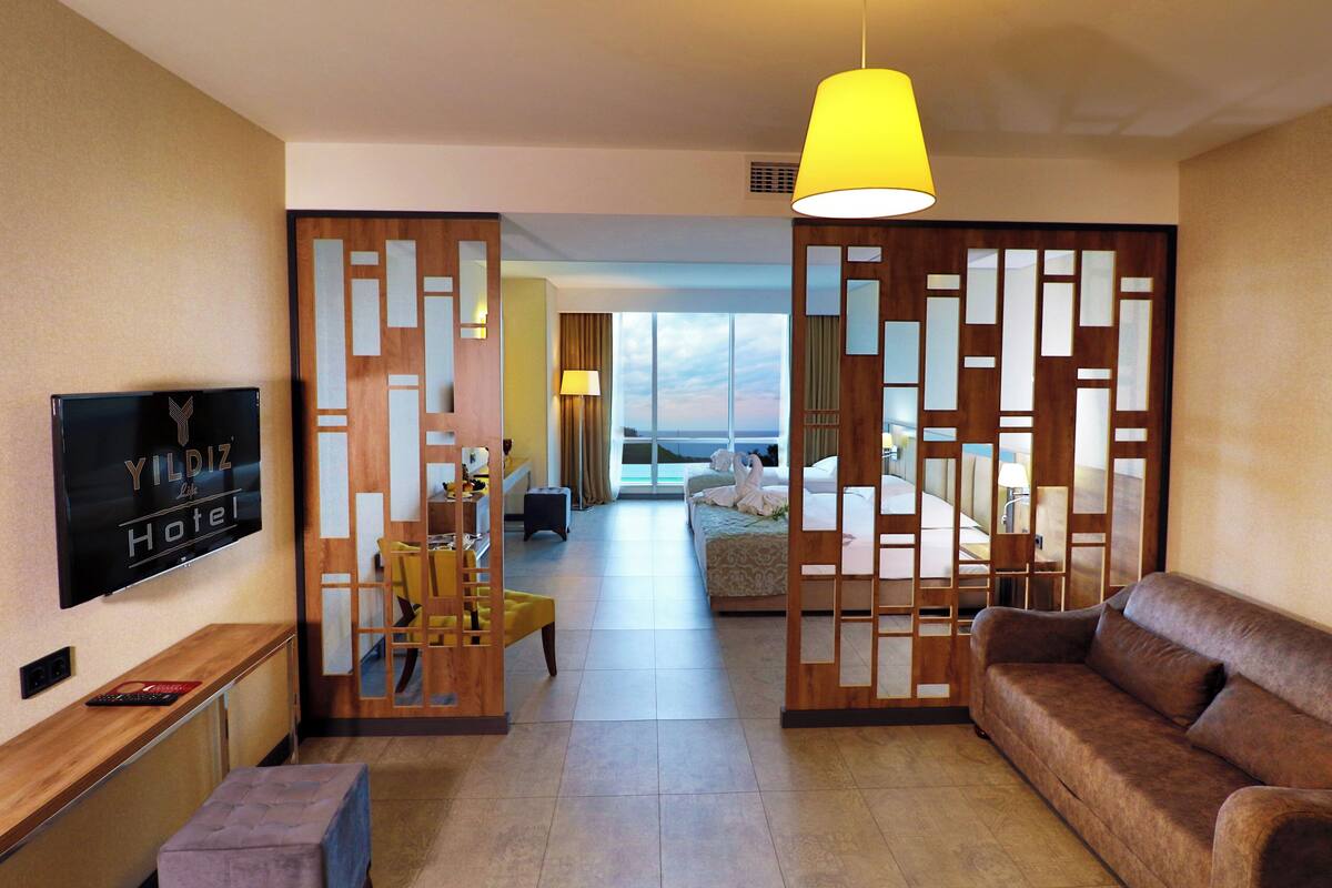 A hotel room with a TV, a sofa, a bed, a desk, and a view of the sea.