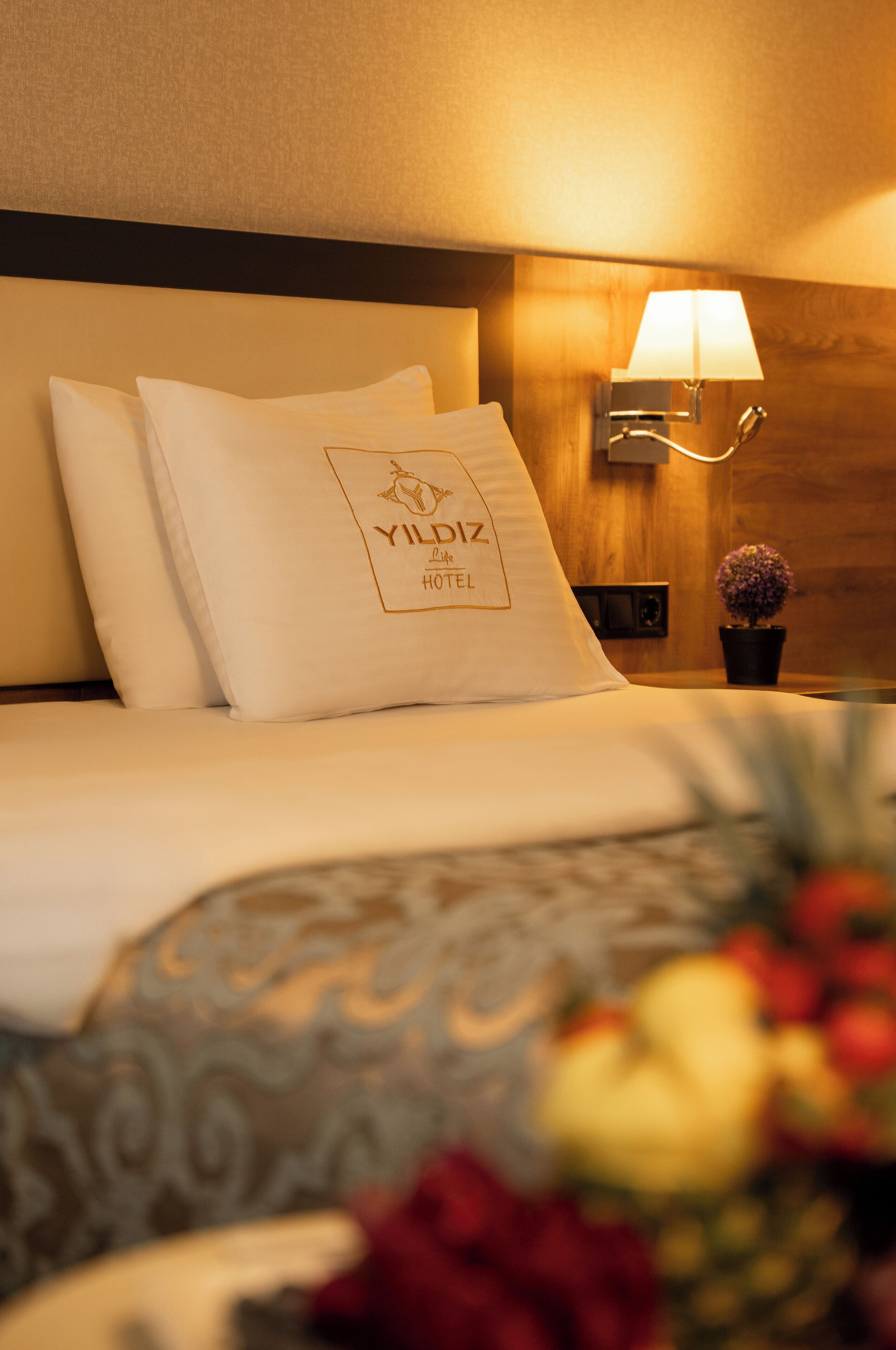 Una habitación de hotel con una cama, una mesita de noche con una lámpara y un cojín decorativo con el nombre del hotel.