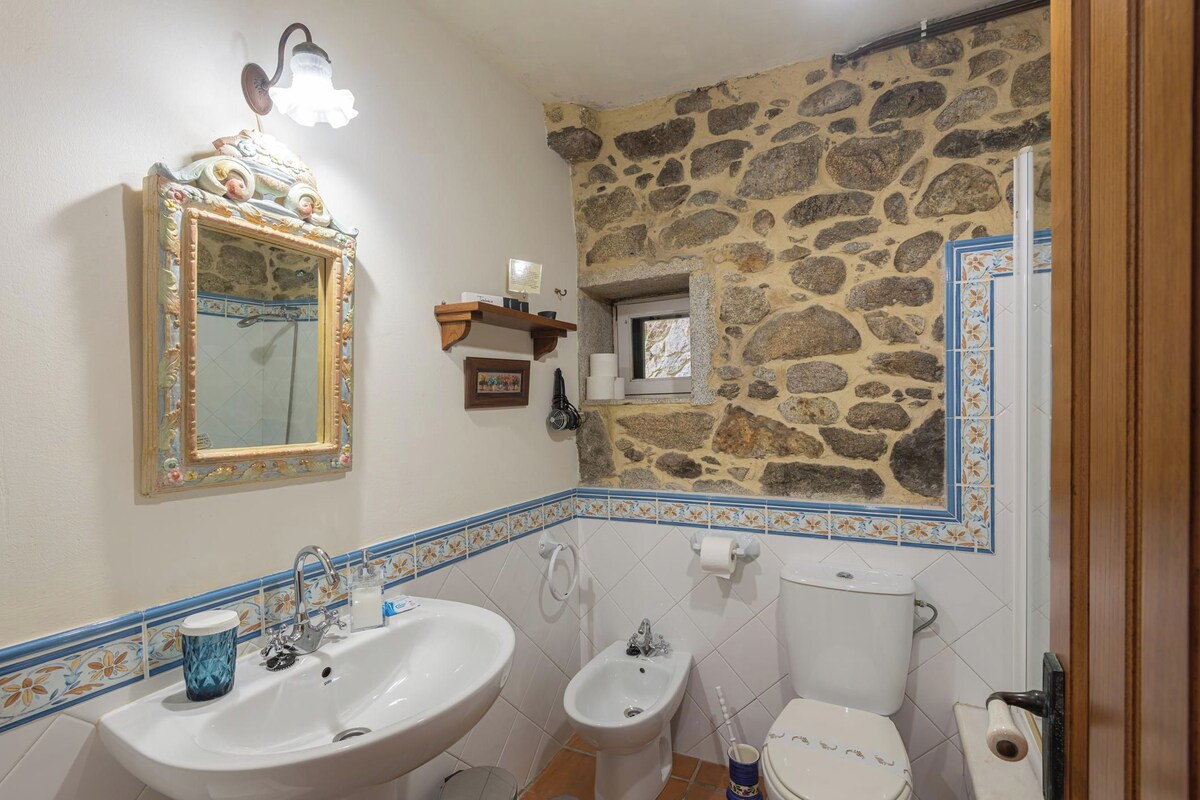 A bathroom with a stone wall, a mirror with a decorative frame, a sink, a bidet, and a toilet.