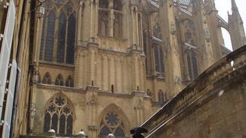 A cathedral with Gothic architecture, including pointed arches and a large rose window.