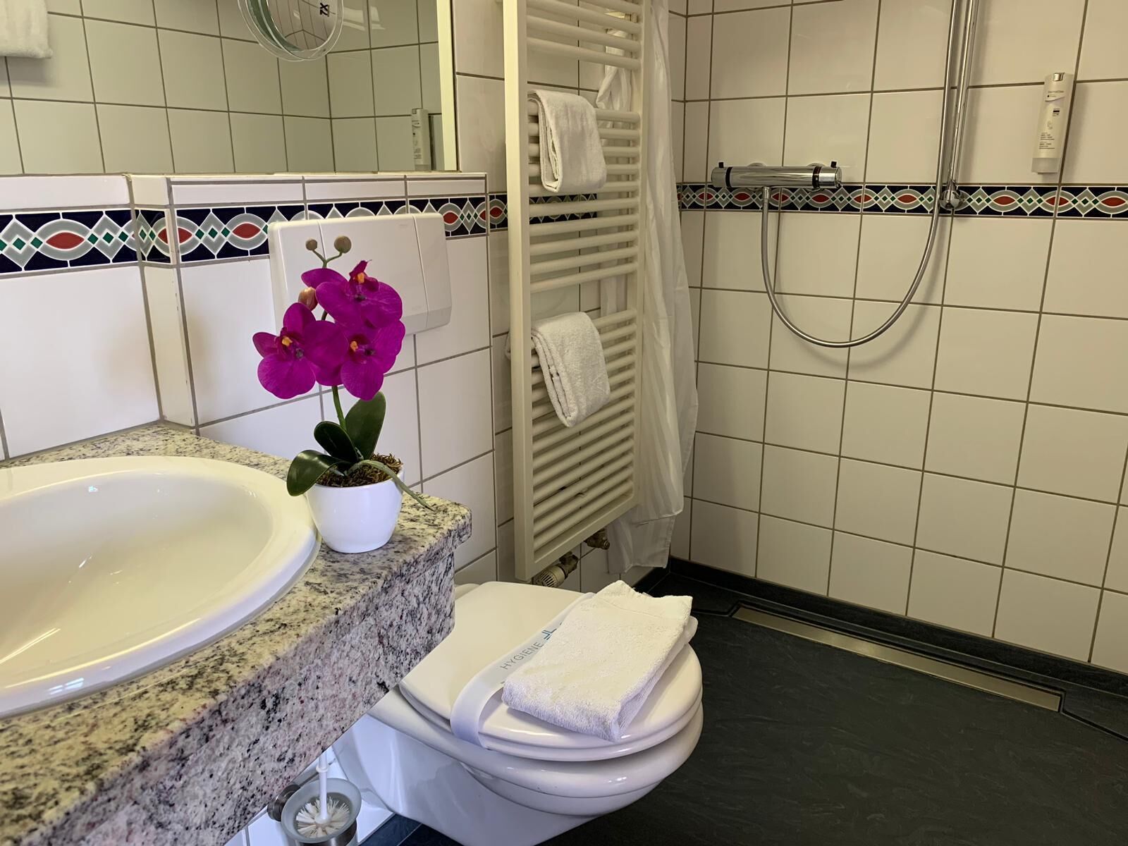 standard single room | bathroom | shower, free toiletries, hair dryer, towels