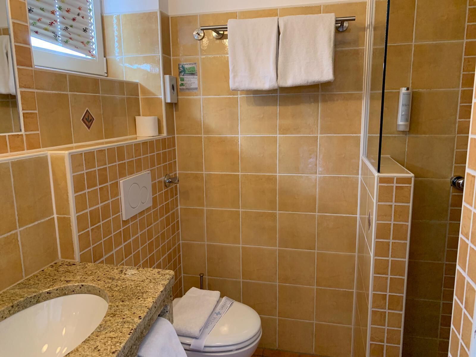 standard double room | bathroom | shower, free toiletries, hair dryer, towels
