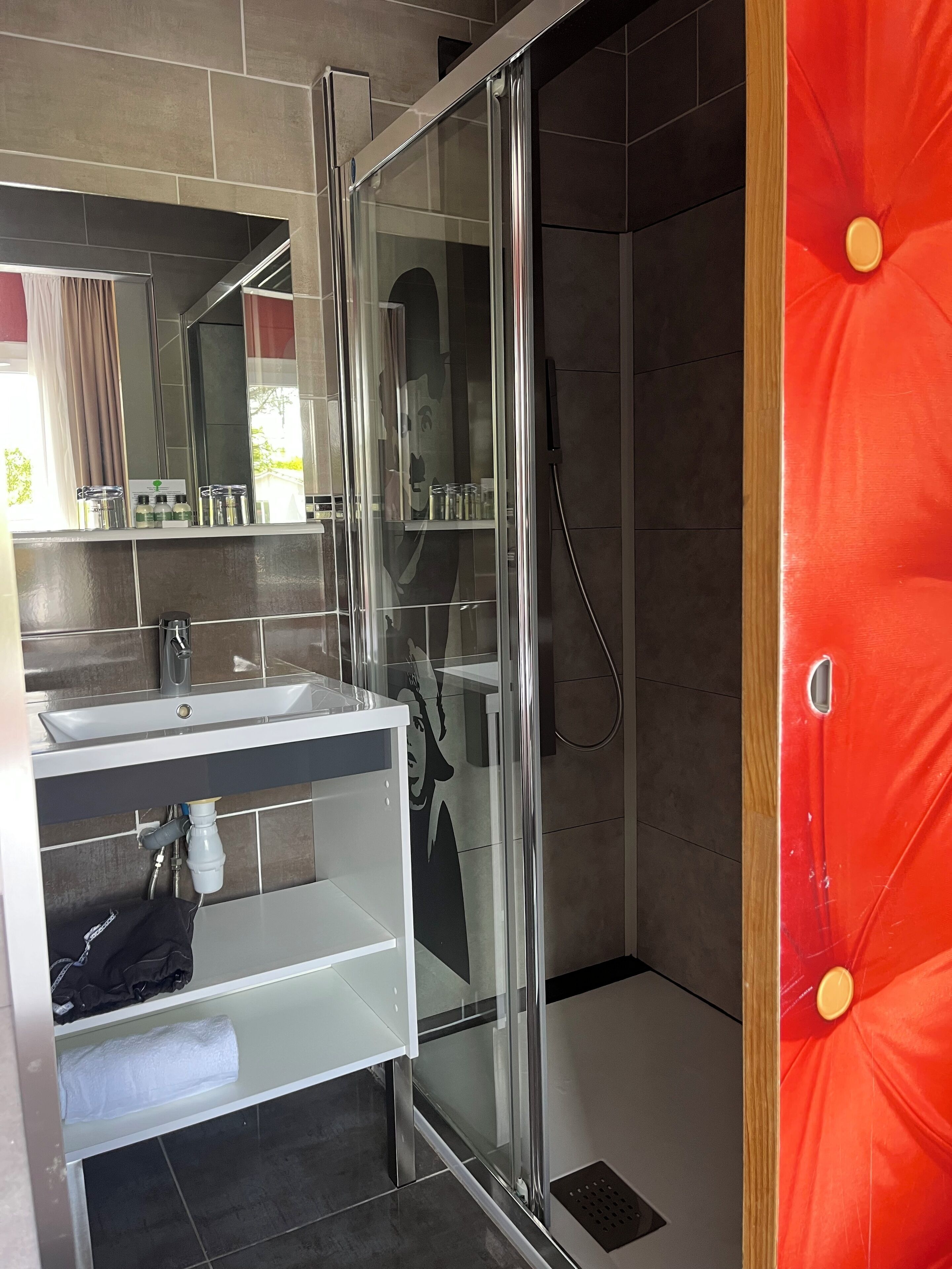 A modern bathroom with a glass shower enclosure, a white sink, and a mirror above it.