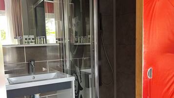 A modern bathroom with a glass shower enclosure, a white sink, and a mirror above it.