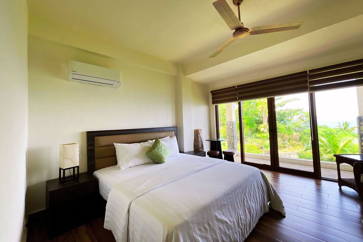 A hotel room with a large bed, a ceiling fan, an air conditioning unit, a nightstand with a lamp, and a view of greenery through the windows.