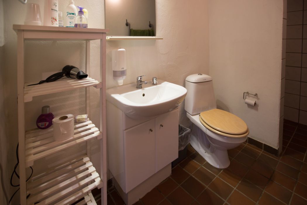 A bathroom with a white sink, toilet, and shelves with toiletries.