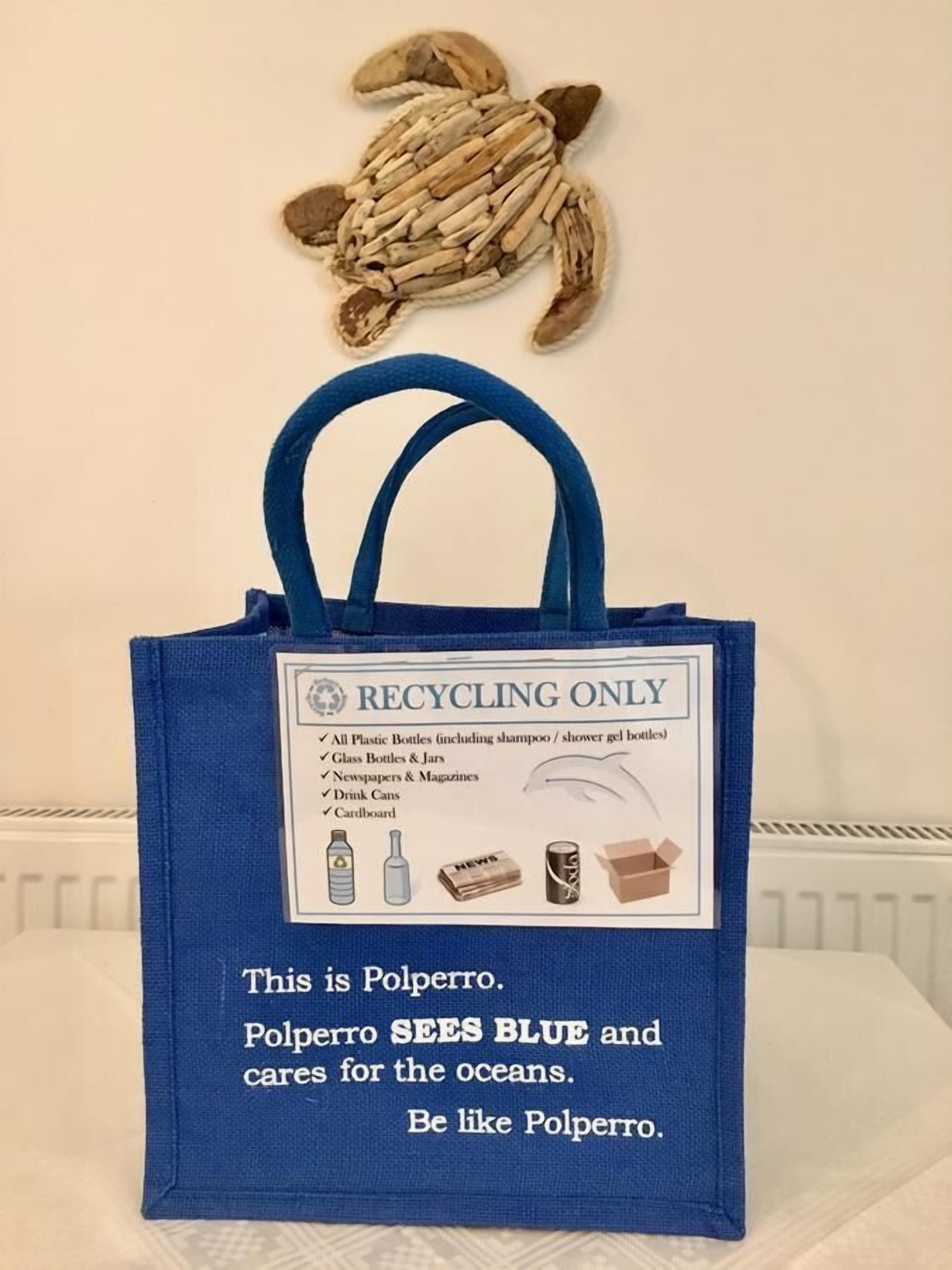 A blue tote bag with a recycling label and a turtle illustration.