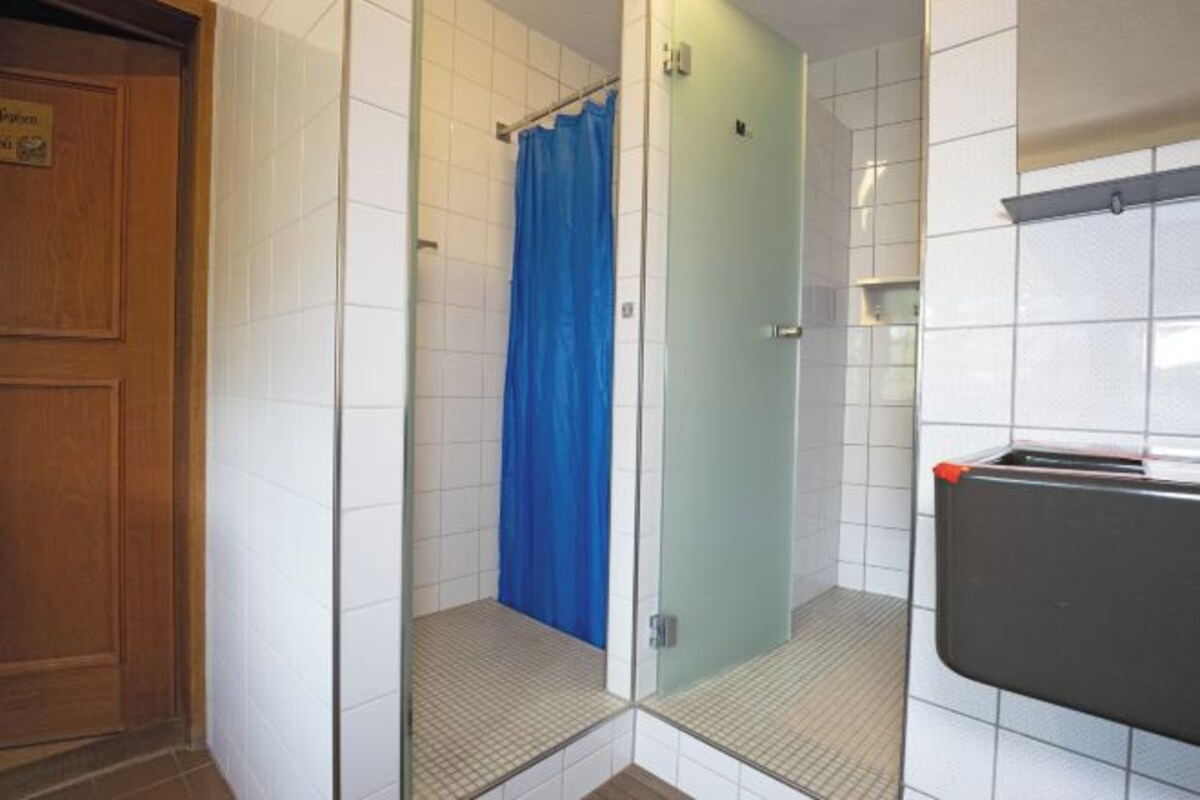 Un baño con ducha, puerta de madera y pared con azulejos.