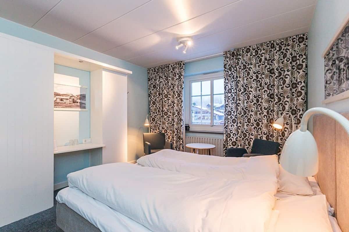 single room | desk, laptop workspace, blackout curtains, bed sheets