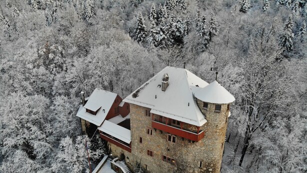 A historic stone building with a tower, surrounded by snow-covered trees. - Youth Hostel Mariastein (Metzerlen)