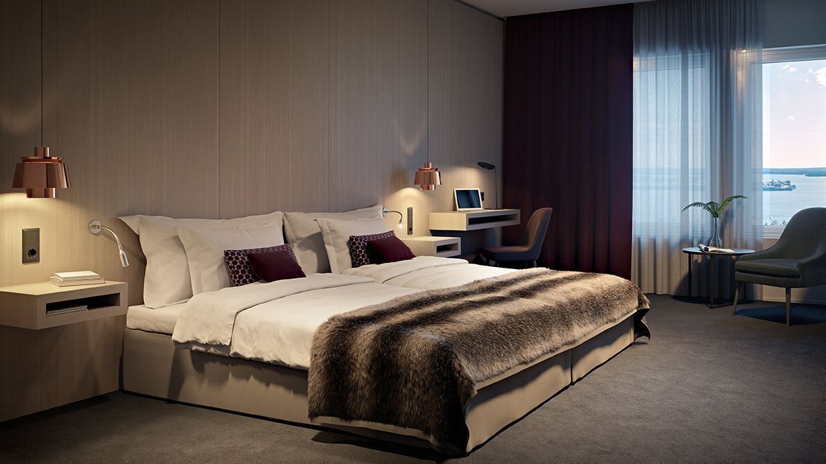 ميني بار وخزنة داخل الغرفة ومكتب ومساحة عمل للكمبيوتر المحمول