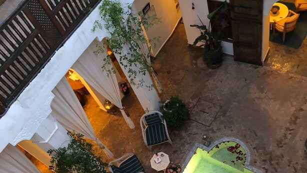 A courtyard with a pool, seating area, and potted plants. - Riad le Coq Fou (Marrakech)