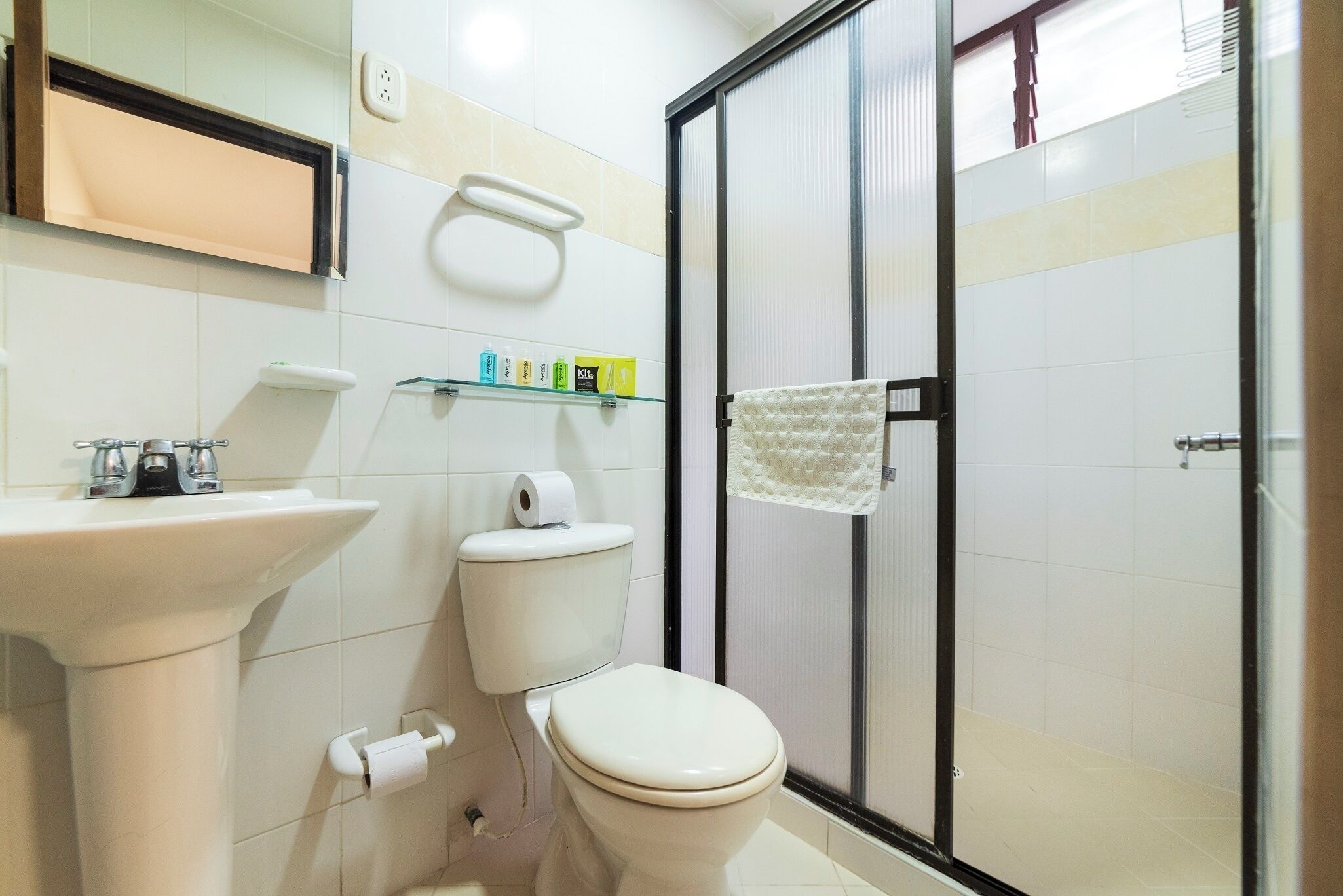 Shower, towels, soap, shampoo