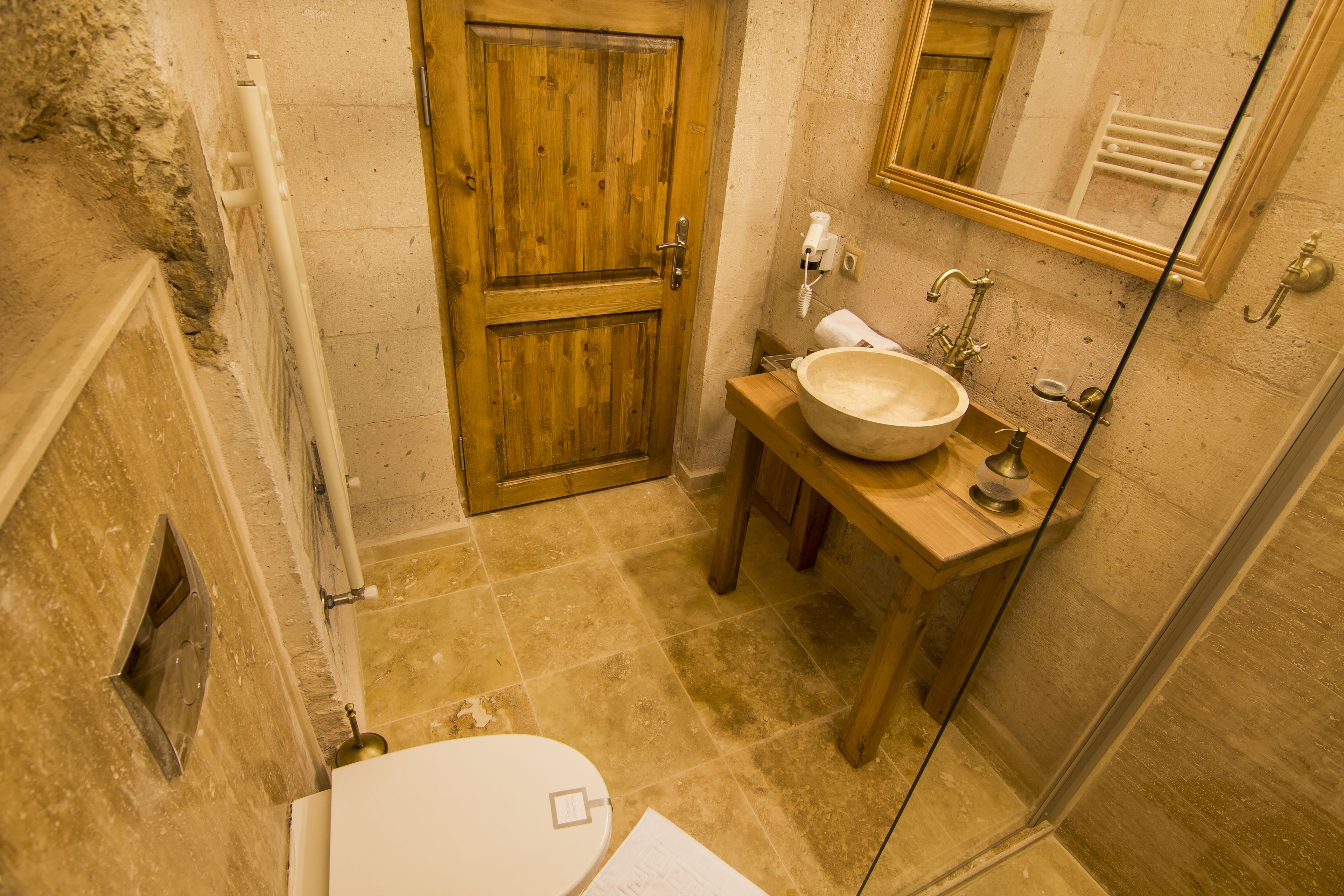 standard panoramic double room | bathroom | designer toiletries, hair dryer, slippers, towels