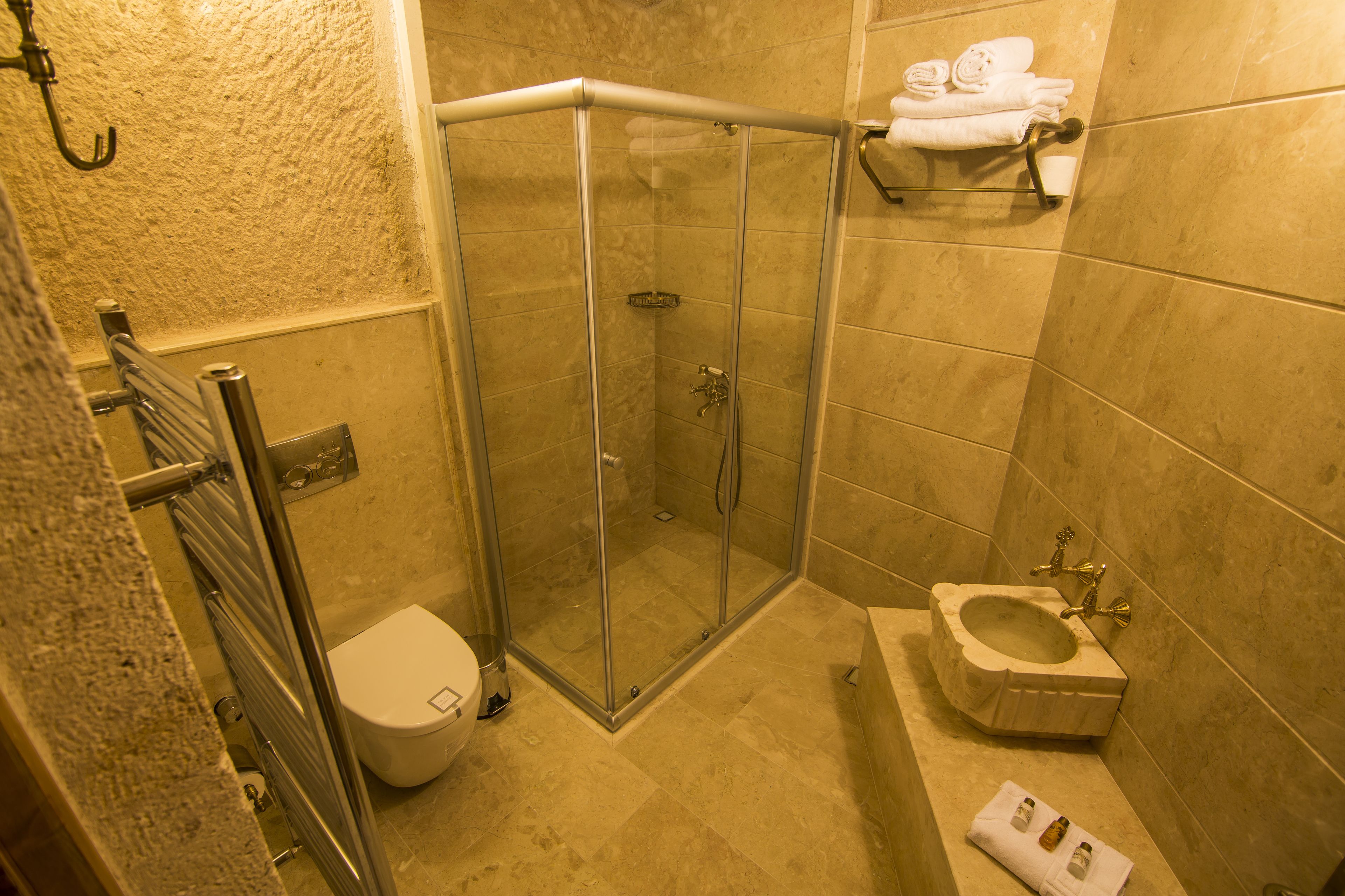 A bathroom with a glass-enclosed shower, a toilet, and a sink with a marble basin.