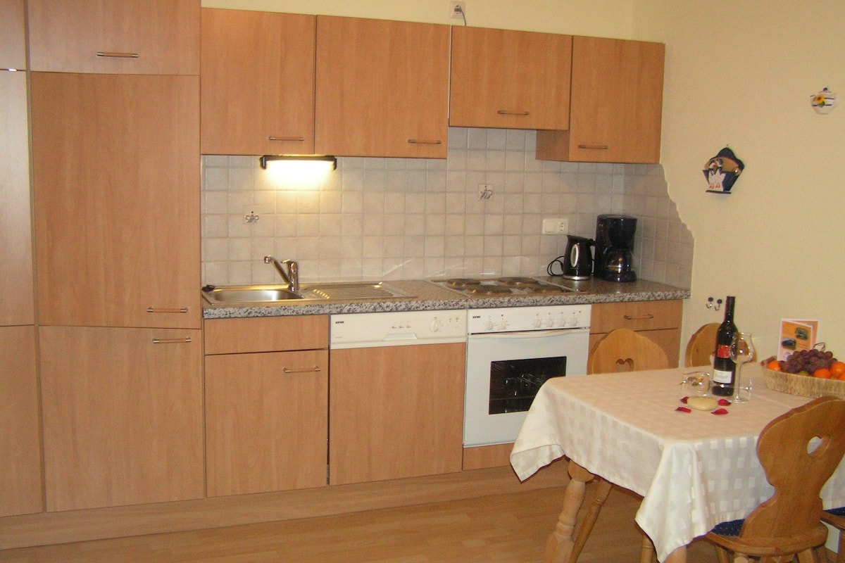 full-sized fridge, oven, stovetop, dishwasher