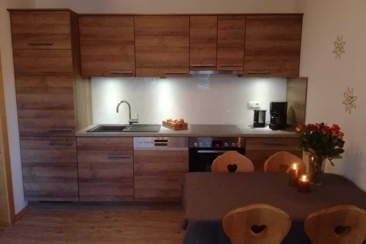 full-sized fridge, oven, stovetop, dishwasher