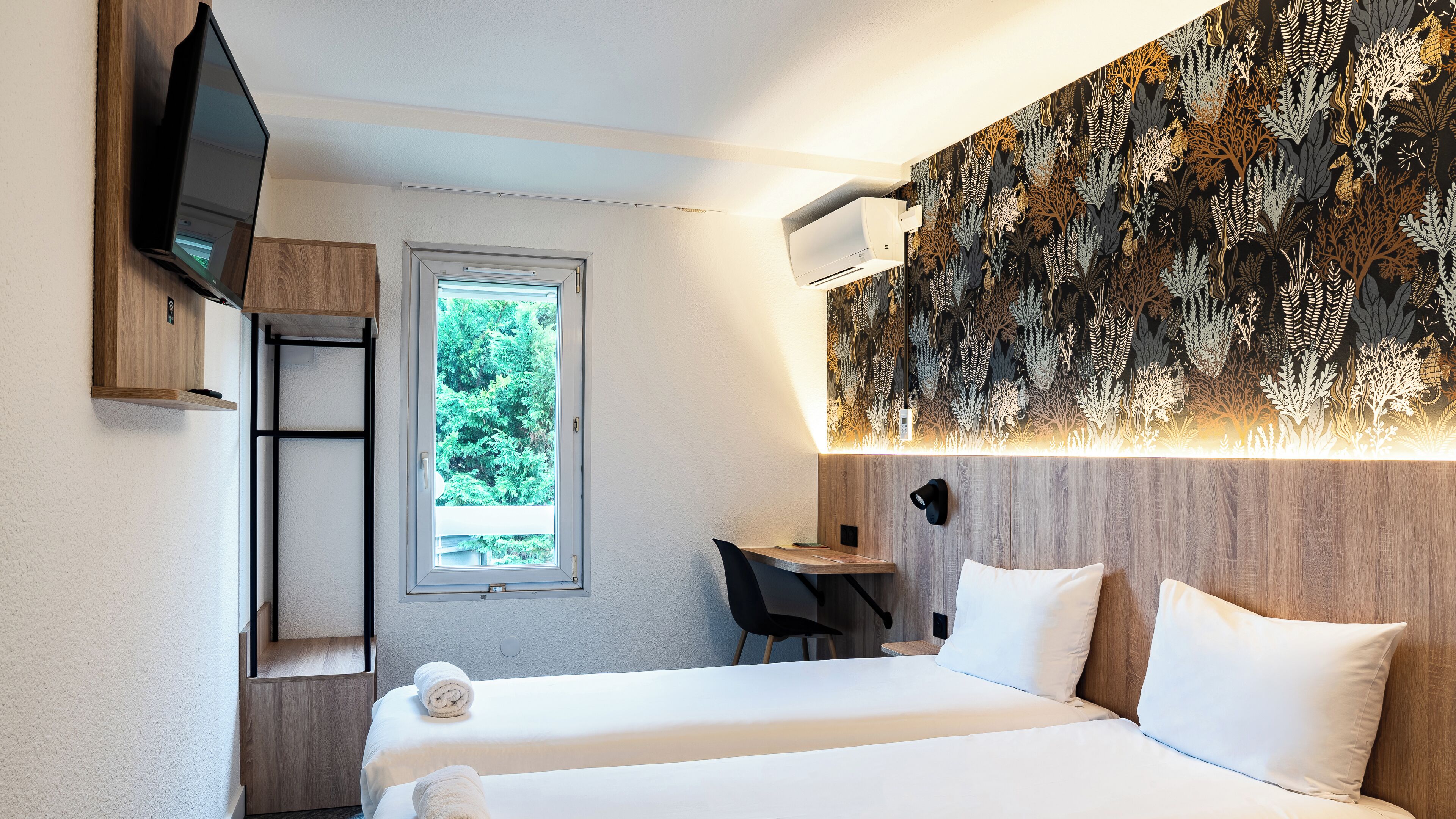 Premium bedding, desk, blackout curtains, soundproofing