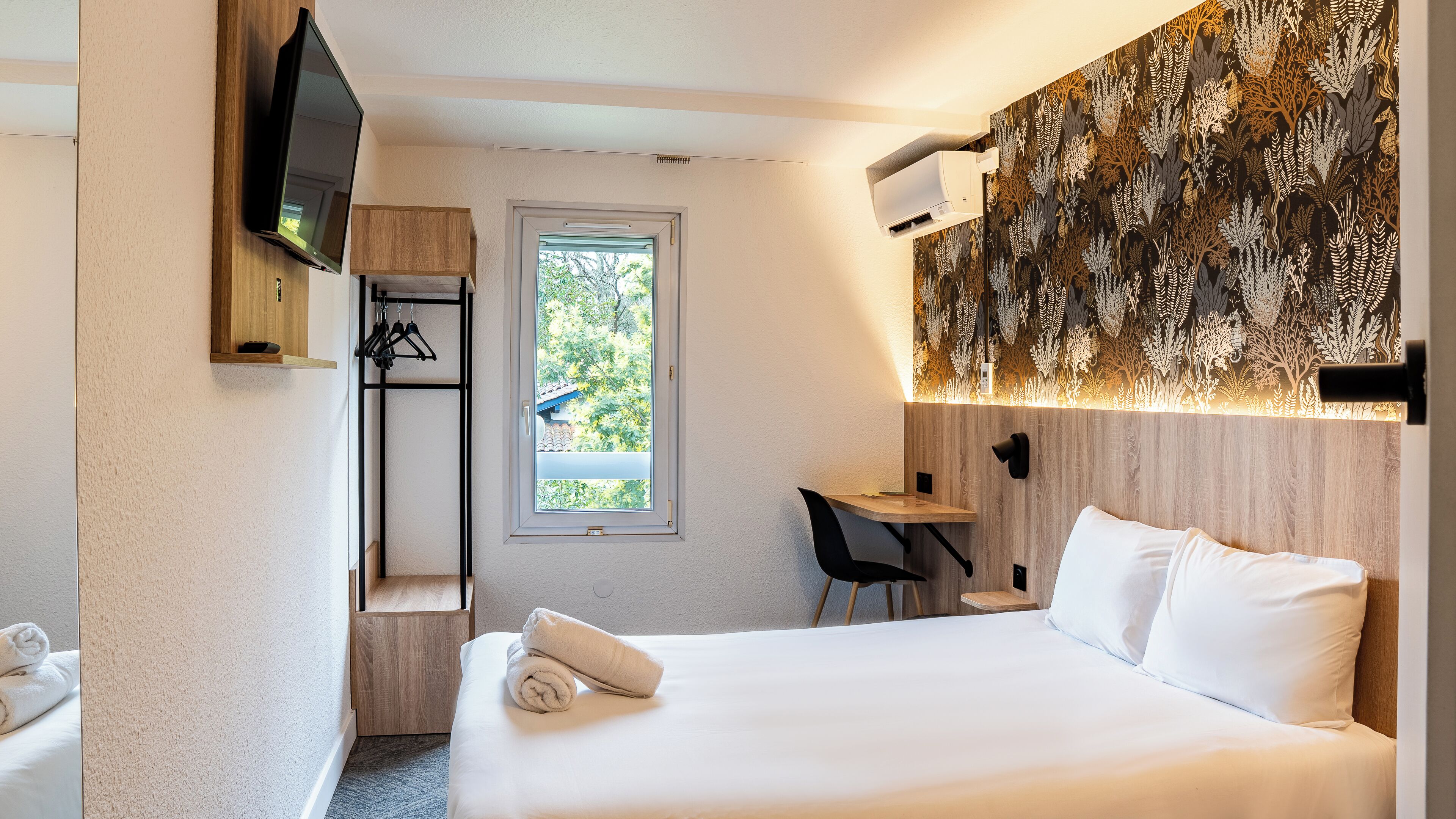 Premium bedding, desk, blackout curtains, soundproofing