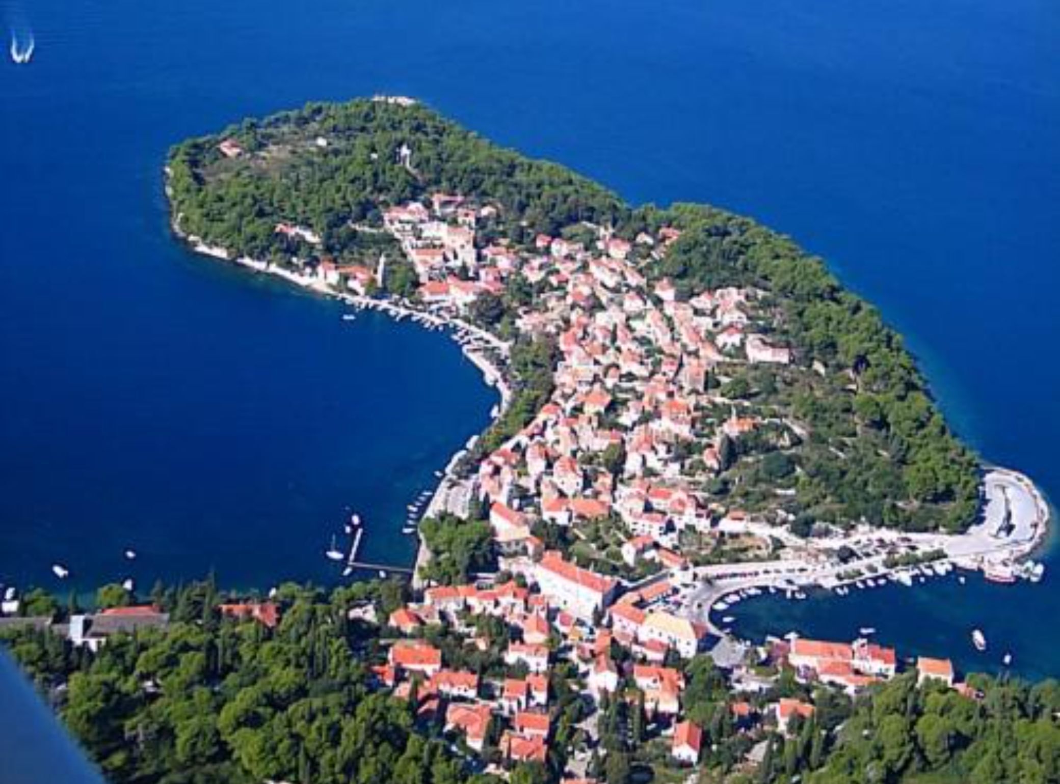 An aerial view of a coastal town with a dense cluster of buildings, a marina, and a curved coastline.