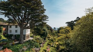 A large tree in front of a white building with a garden path leading to a seating area. - Hotel Meudon (Falmouth)