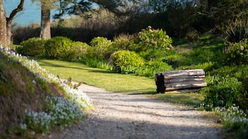 A gravel path leading through a landscaped area with various plants and a wooden bench.