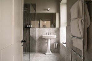 Rainfall showerhead, designer toiletries, hair dryer, bathrobes