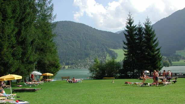 A grassy area with several sun loungers and umbrellas, a bench, and a lake with mountains in the background. - Hotel Bernhard am See (Walchsee)