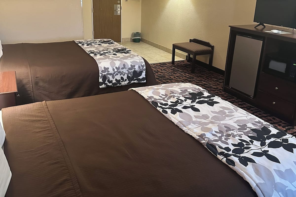 A hotel room with two beds, a desk, a chair, a television, and a lamp.