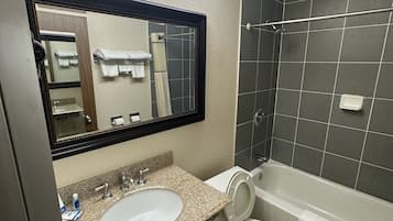Combined shower/tub, deep soaking tub, free toiletries, hair dryer