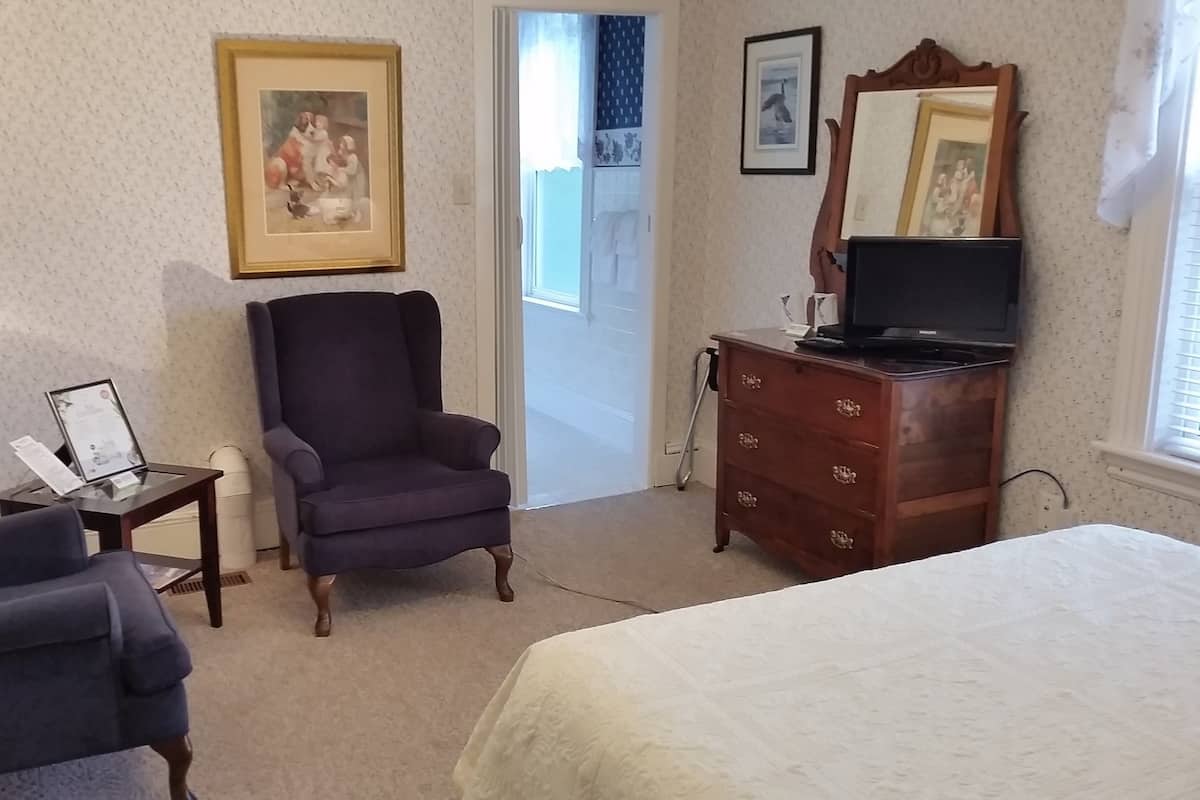 A hotel room with a bed, a chair, a dresser, a lamp, and a television.
