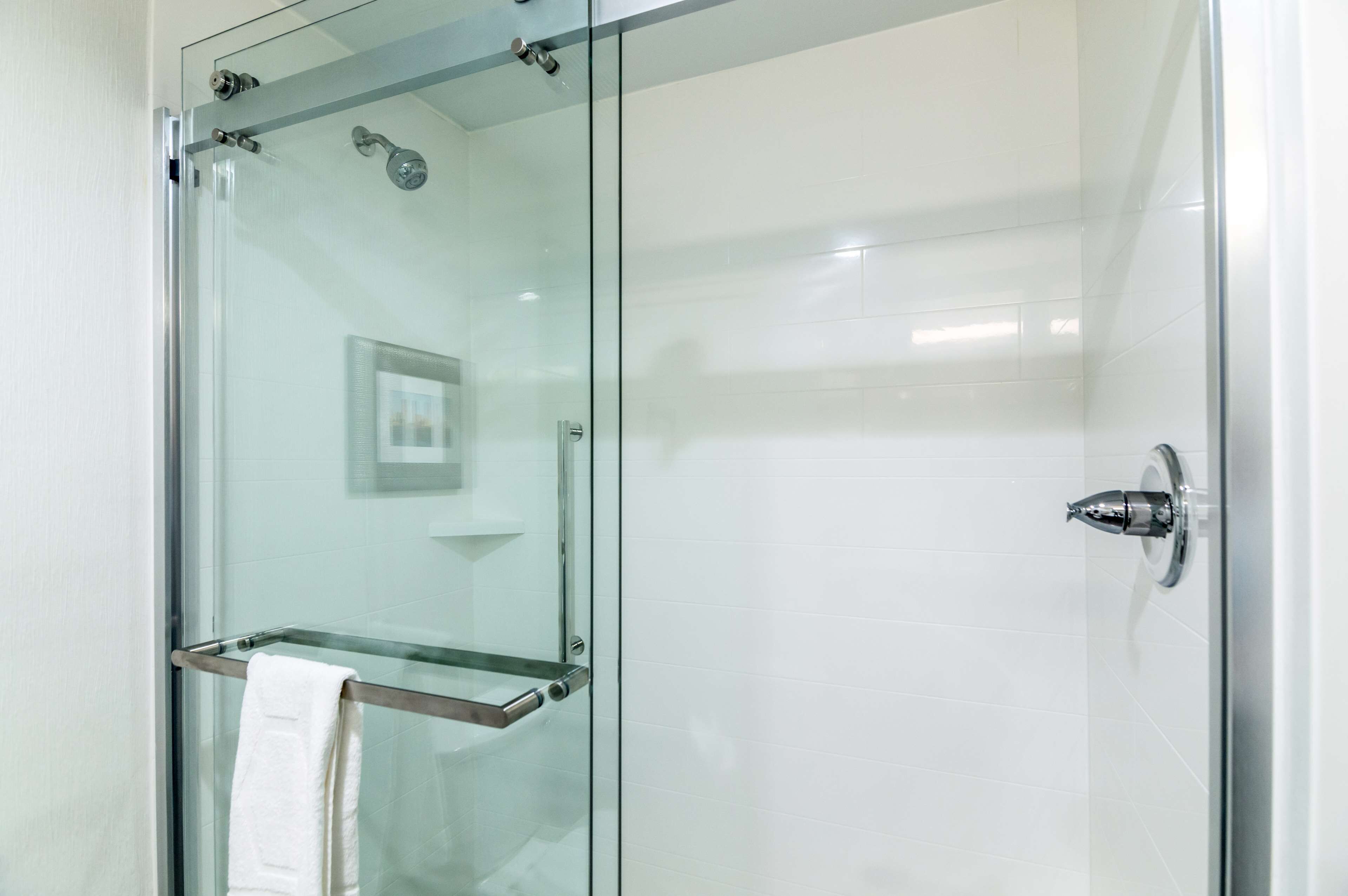 A glass-enclosed shower with a towel rack and a picture on the wall.