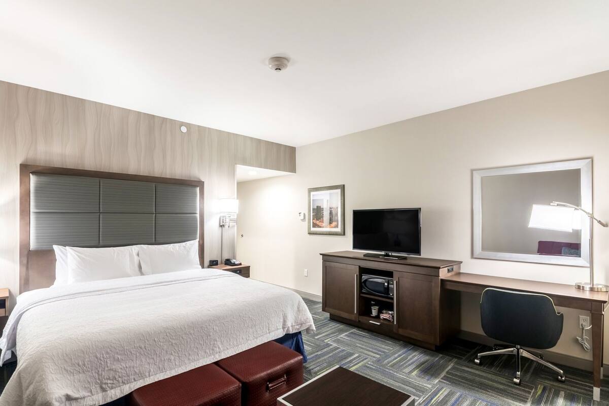 A hotel room with a bed, a desk, a television, a mirror, a microwave, and a chair.