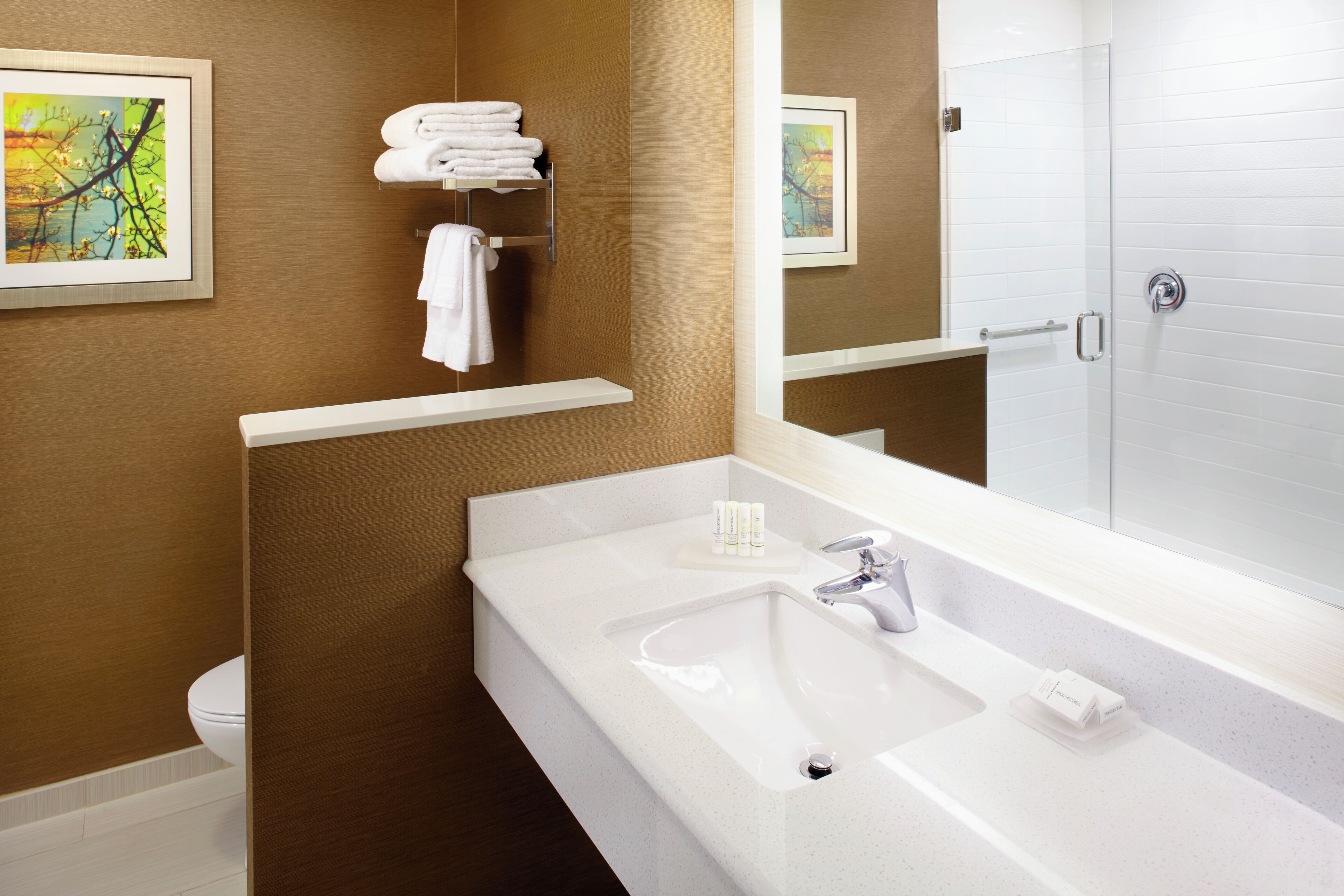 Combined shower/bathtub, rainfall showerhead, designer toiletries