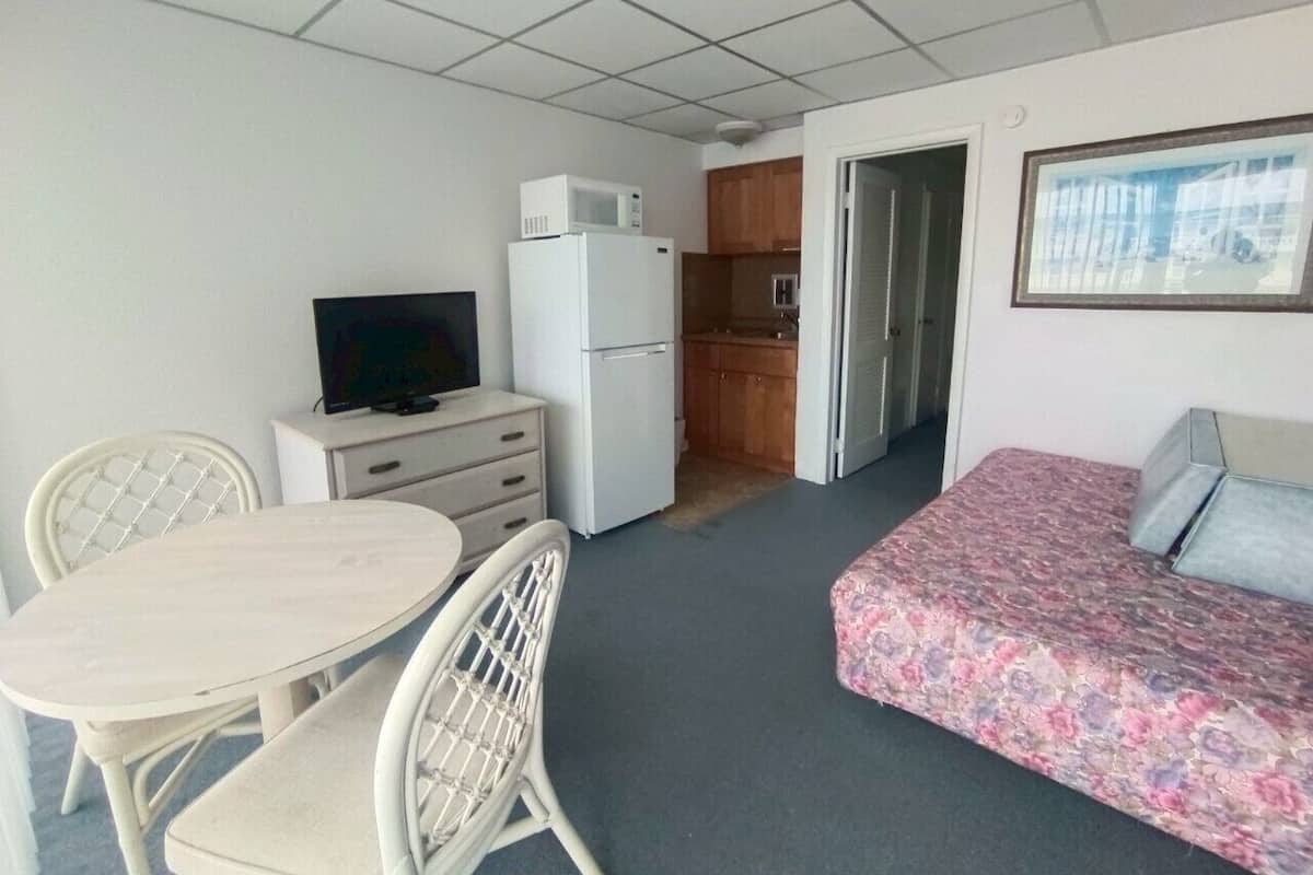 A compact room with a dining table, chairs, a sofa, a TV, a refrigerator, and a kitchenette.
