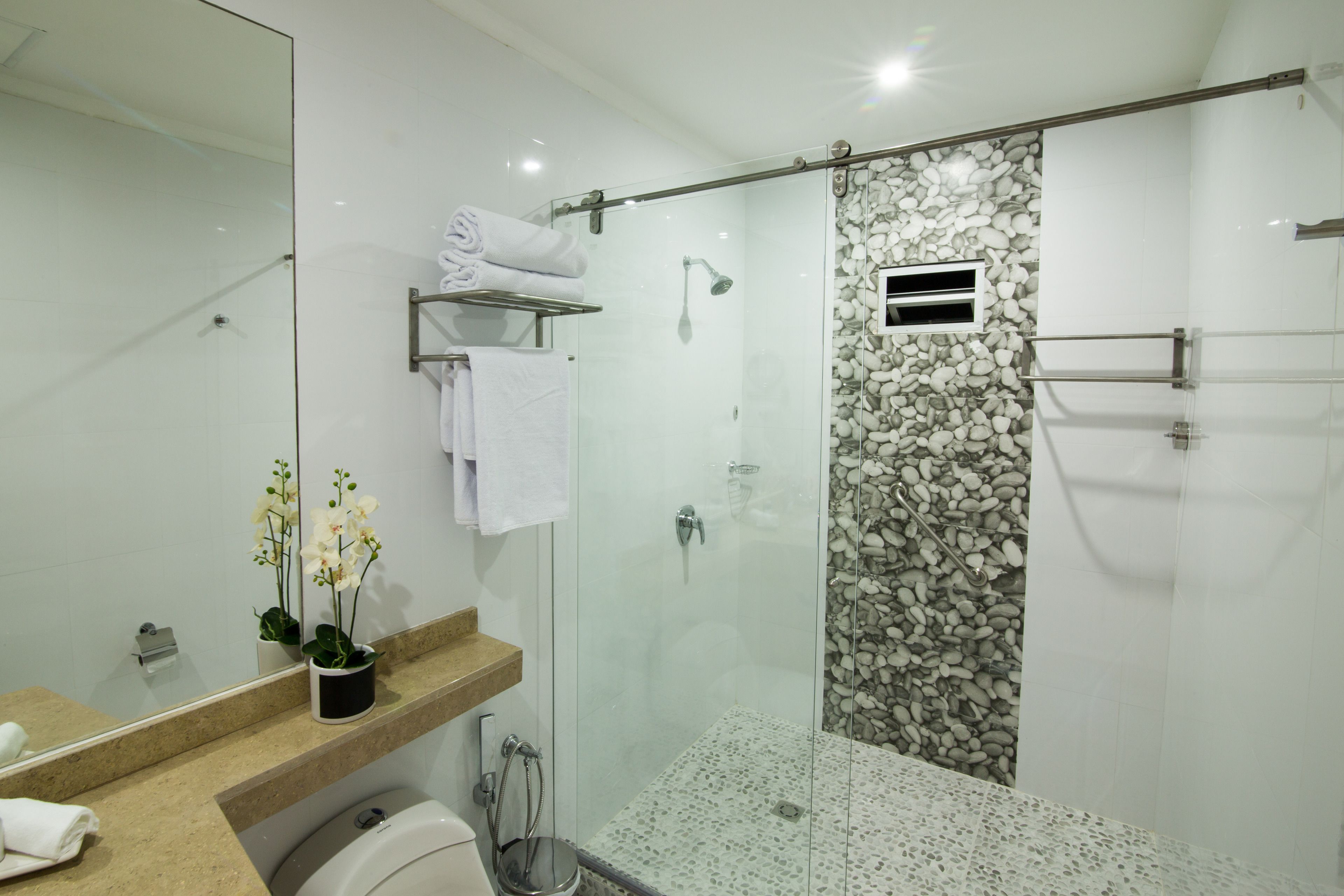 shower, free toiletries, hair dryer, towels